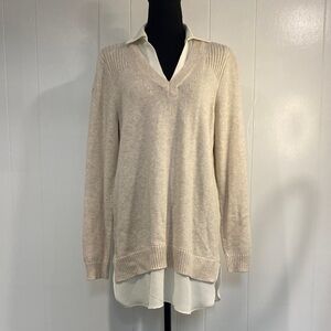J. Jill Tunic Layered Look V Neck Sweater Knit Minimalist Preppy Cream Medium
